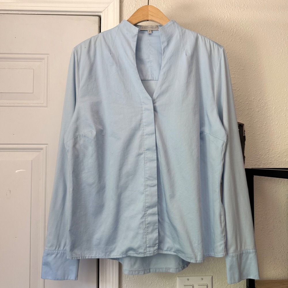 ANATOMIE baby blue mixed media knit poplin long sleeve button up shirt top